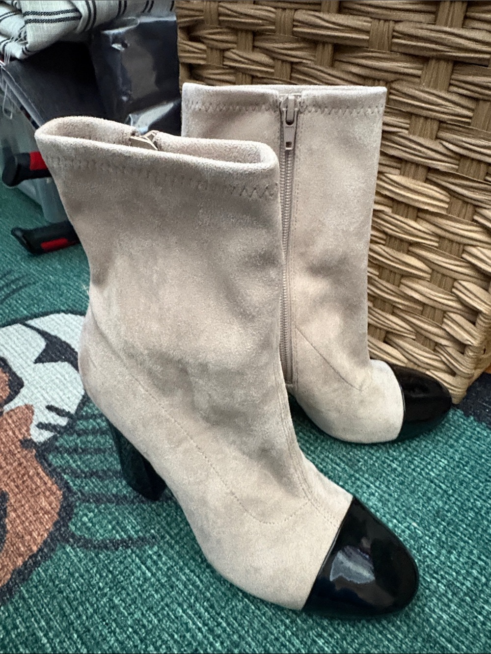 Guess Beige Suede Ankle Boots with Black Patent Toe